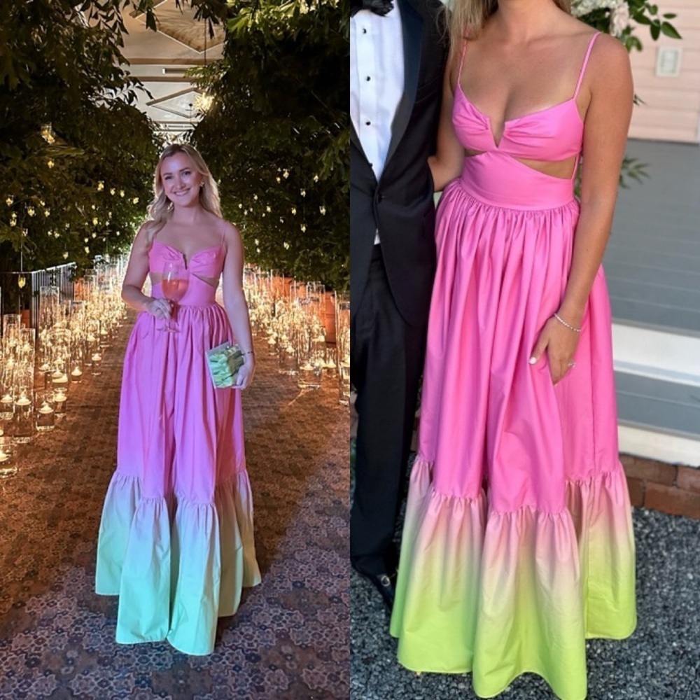 SAU LEE Nova Cutout Maxi Dress Gown in Pink Green Chartreuse Ombre Sz 2 US